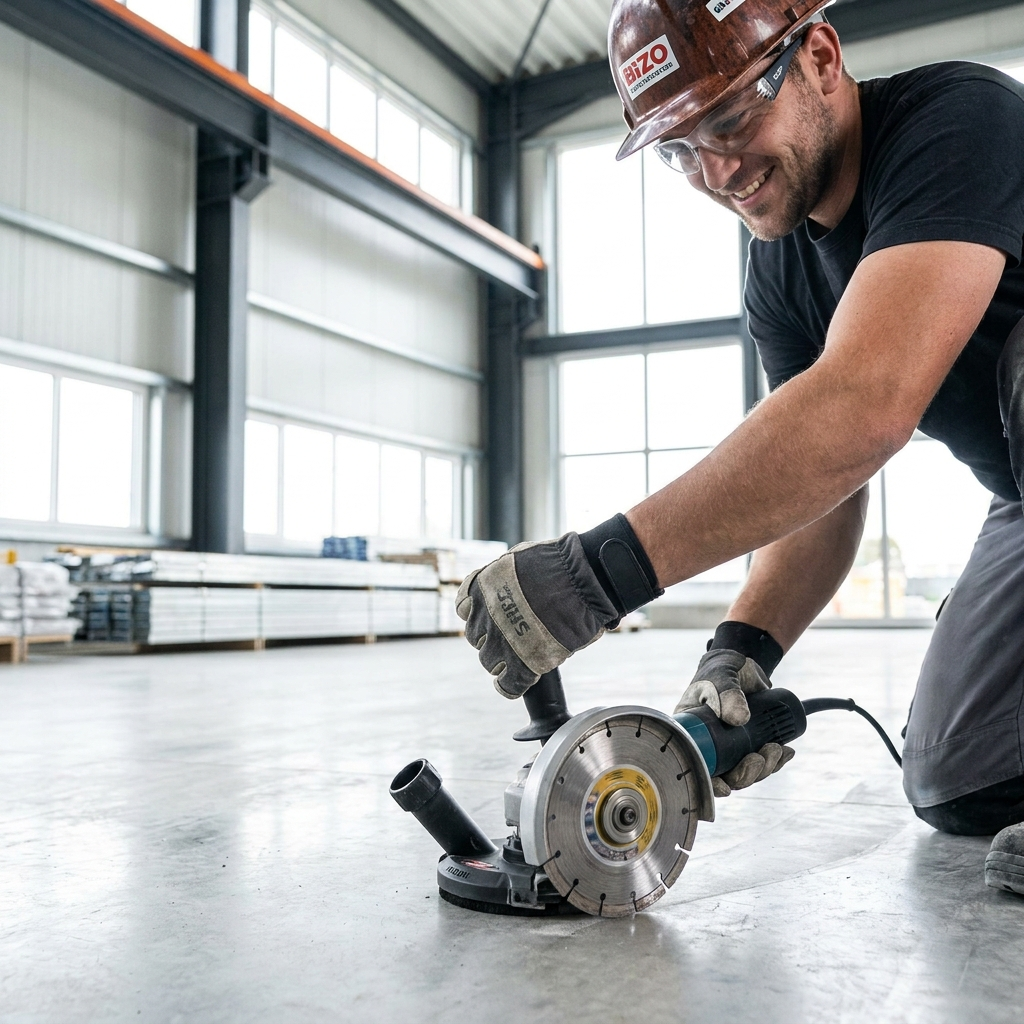 Contractor using a diamond grinder on concrete